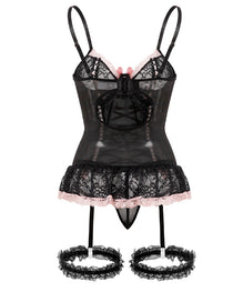 Gathered Contrast Color Sexy See-Through Lace Bow With Leg Cover Pajamas Set