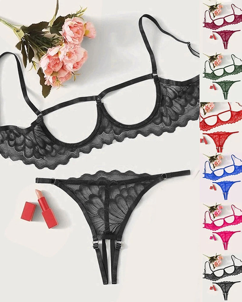 Sexy Lace Hollow Anti-Sagging Bra and Crotchless Thong Set Main image