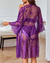 Women's Sexy Lace Bra Panties and Mesh Nightgown 3-Piece Set