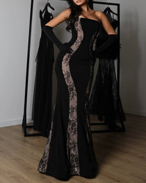 Off-Shoulder Lace Corset Chiffon Thigh Slit Maxi Dress