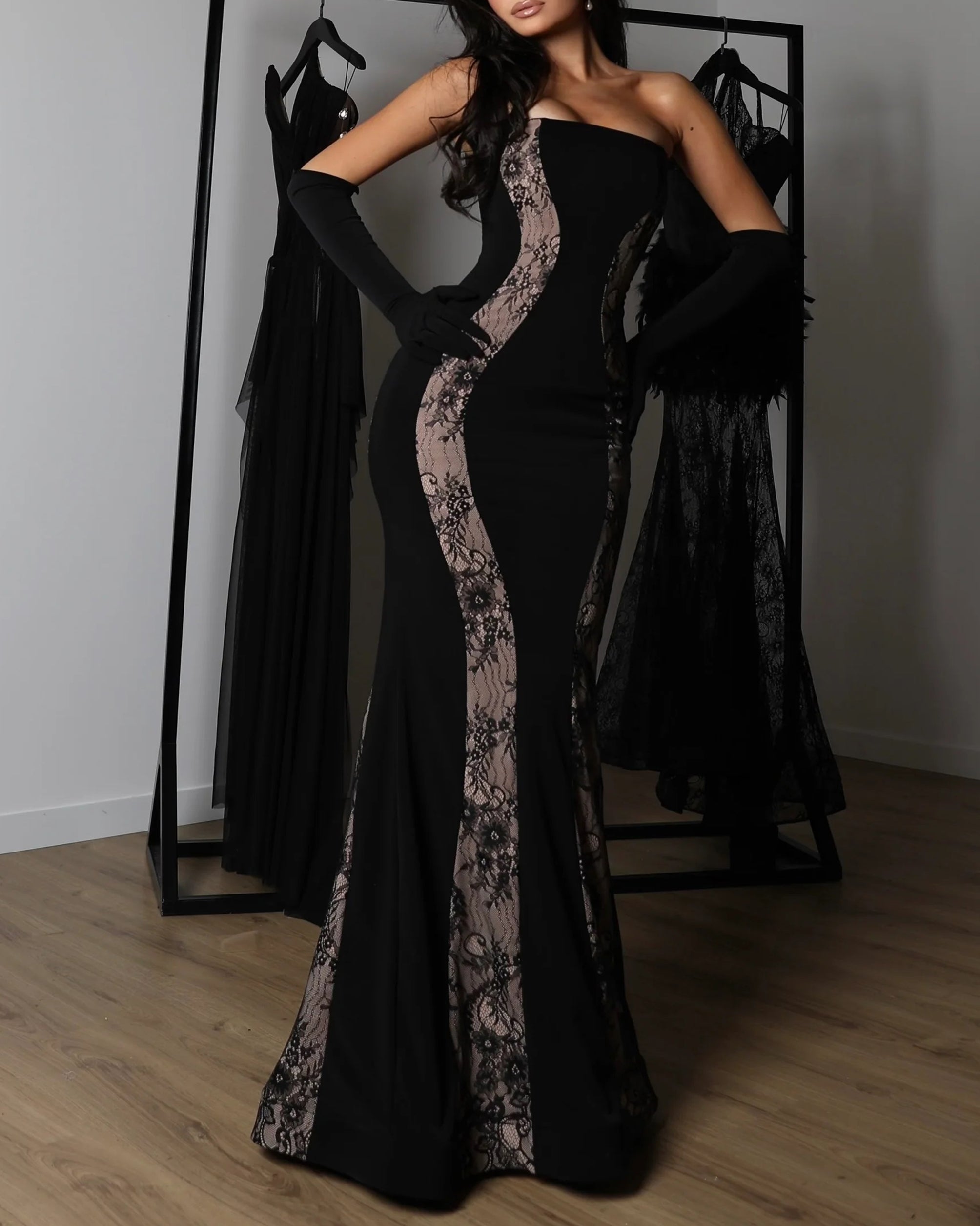 Off-Shoulder Lace Corset Chiffon Thigh Slit Maxi Dress