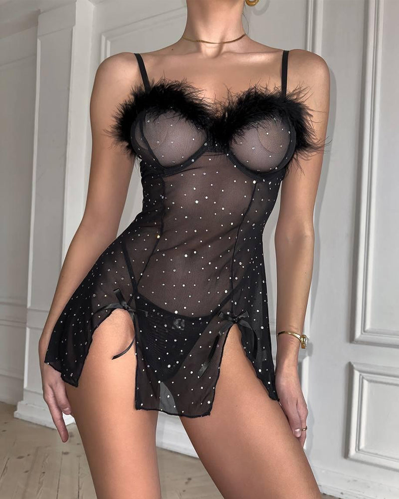 Sexy Rhinestone Feather Patchwork See-Through Elastic Mesh Slit Lingerie Nightgown Main image