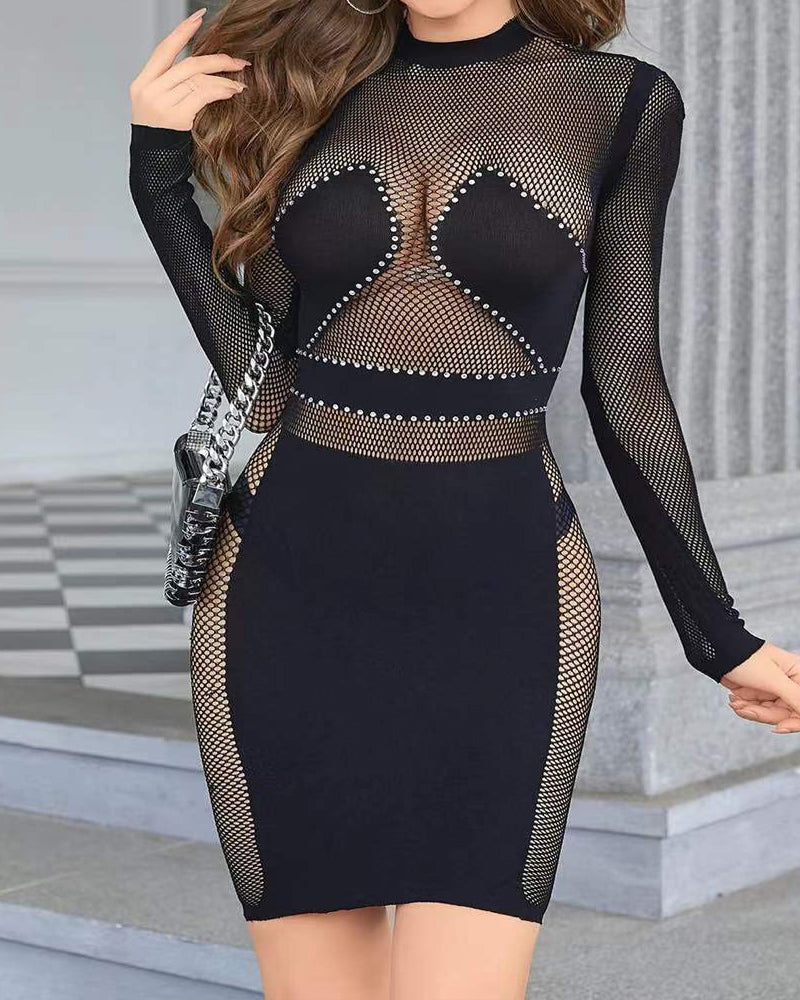 Round Neck Long Sleeve Slim Fit Sexy Hollow-out Bodycon Dress Main image