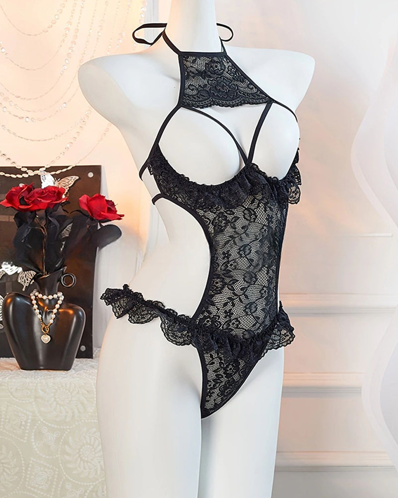 Sexy Halter Neck Floral Lace See-through Cutout Bust Bodysuit Lingerie Secondary image
