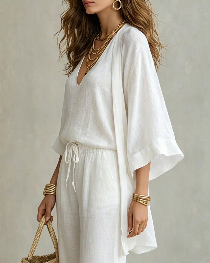 Casual Loose Cotton Linen Sleeveless Vest, Wide-leg Pants and Cardigan Three-piece Set Secondary image