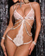 Sexy Deep V Lace Cutout Pearl Chain Bodysuit Lingerie