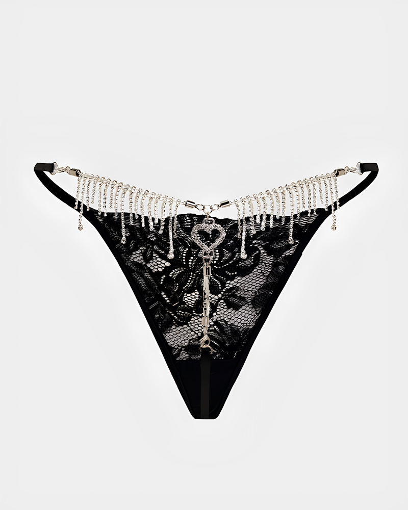 Sexy Sheer Lace Rhinestone Fringe Heart Thong