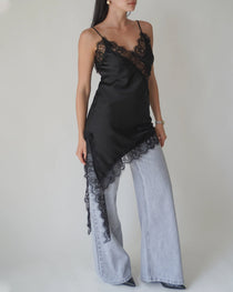 Sexy V-neck Ice Silk Lace Patchwork Asymmetrical Casual Suspender Mini Dress