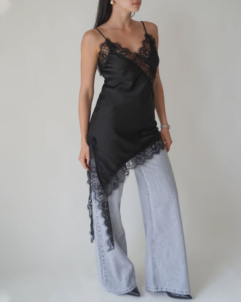 Sexy V-neck Ice Silk Lace Patchwork Asymmetrical Casual Suspender Mini Dress