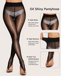 2 Pack High Waist Control Silky Shiny Transparent Toeless Pantyhose