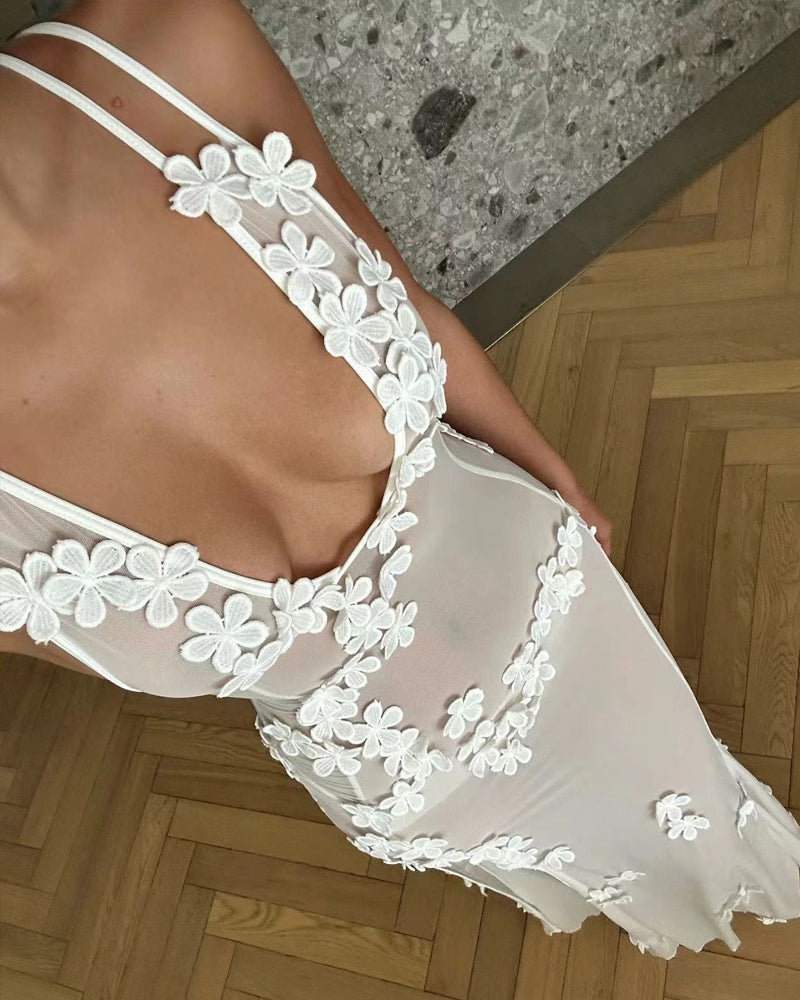 Beach Sexy Halter Bikini and 3D Floral Long Sundress