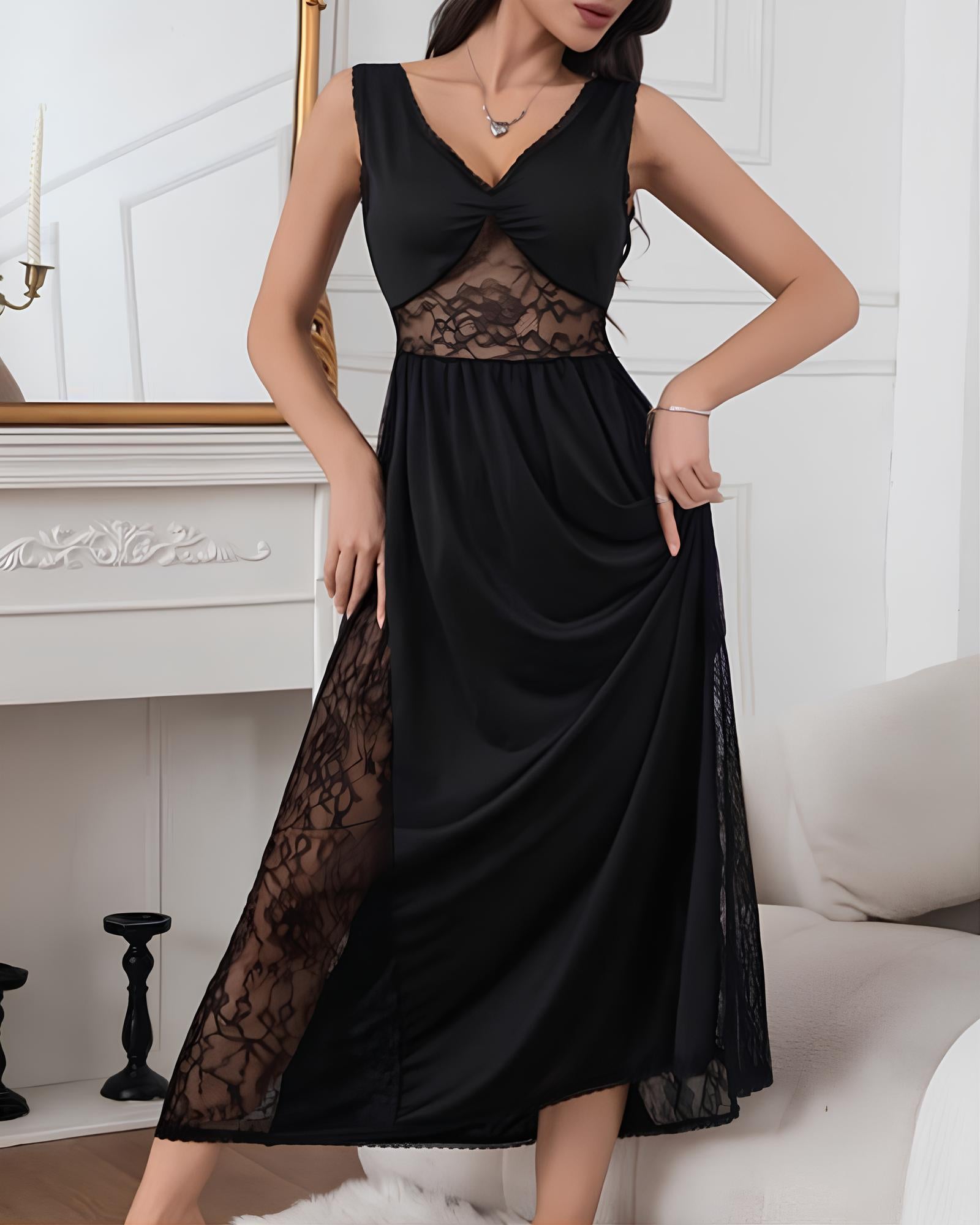 Sexy Deep V See-through Lace Patchwork Long Nightgow Main image