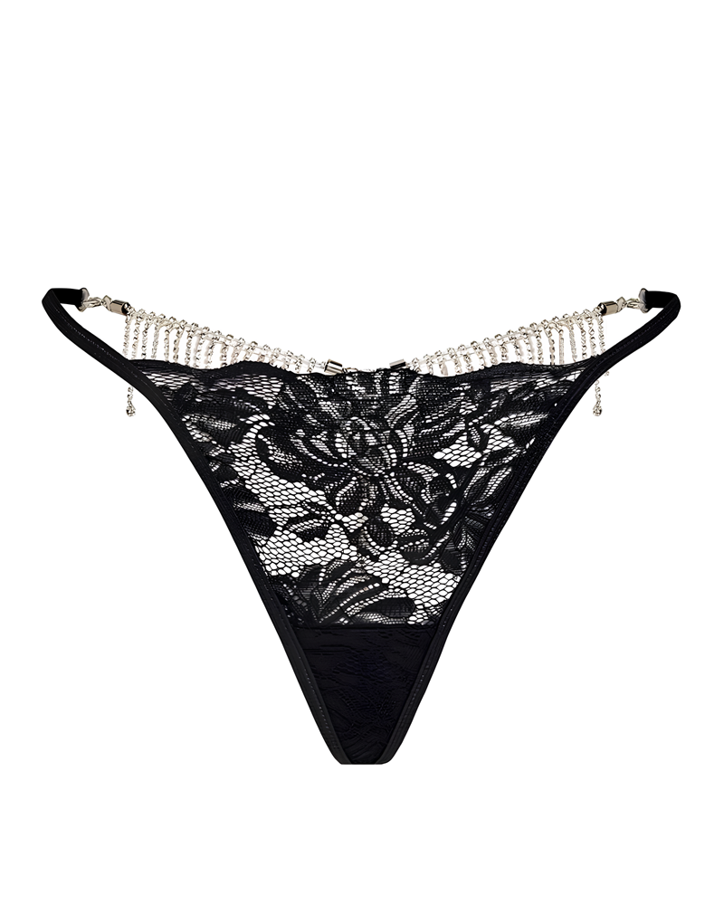 Sexy Sheer Lace Rhinestone Fringe Heart Thong