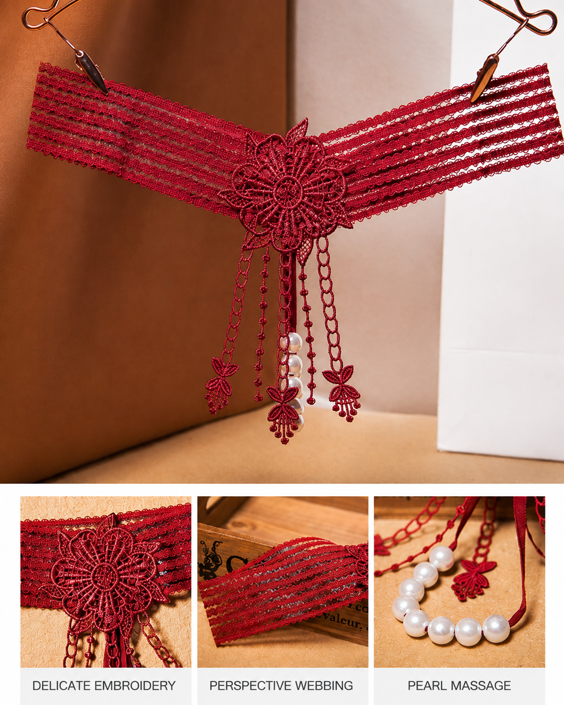 Sexy Tassel Open Crotch Pearl Massage Thong
