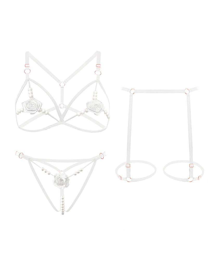 Sexy Rose Beaded Hollow-Out Three-Piece Lingerie Set