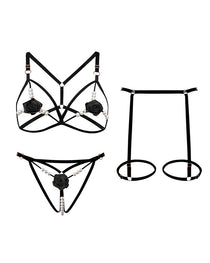 Sexy Rose Beaded Hollow-Out Three-Piece Lingerie Set