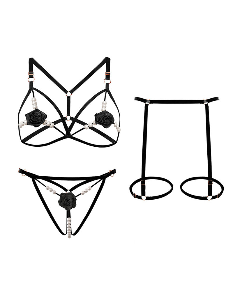 Sexy Rose Beaded Hollow-Out Three-Piece Lingerie Set