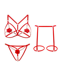 Sexy Rose Beaded Hollow-Out Three-Piece Lingerie Set