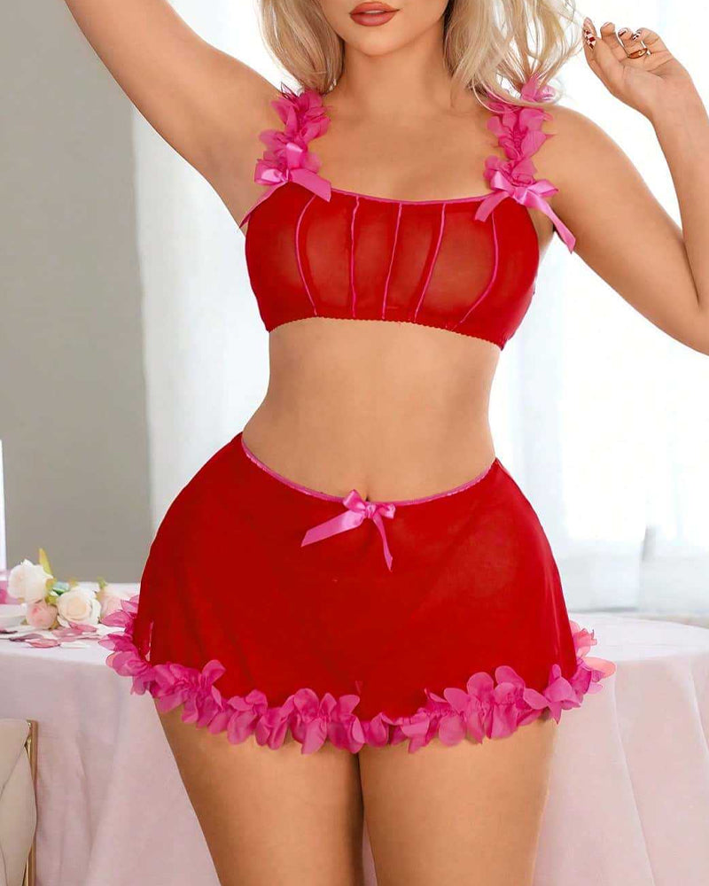 Valentine's Day Colorblock Veil Mesh Lingerie Set Secondary image