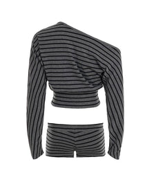 Women's Casual Striped Color Block One-Shoulder Long-Sleeve Top and Shorts Set