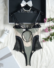 Sexy Mesh See-Through Lace Patchwork Colorblock Bodysuit