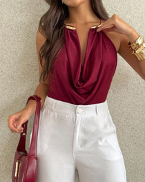 Women's Sexy Halter Neck Choker-Decorated Solid Color Bodysuit