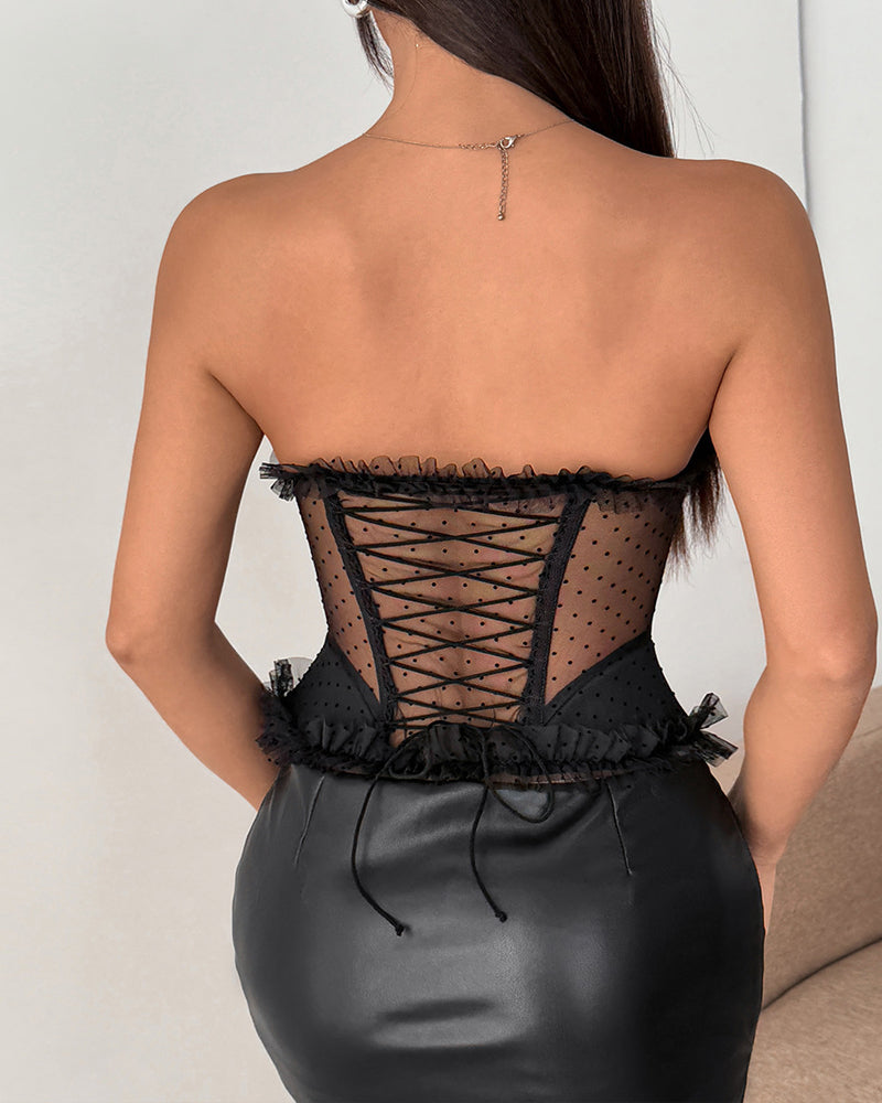 Polka Dot Lace Fishbone Underwire Lace-up See-through Sexy Strapless Top