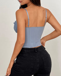 Sexy Sheer Mesh Lace Patchwork Boning Spaghetti Straps Corset Top