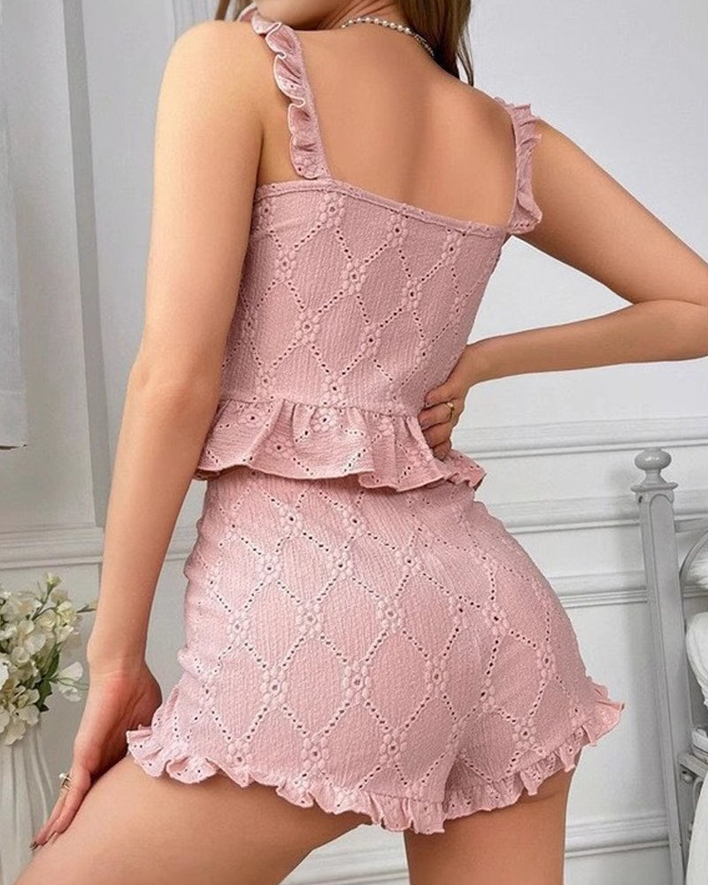 V-neck Ruffled Sleeveless Top and Shorts Pajama Set Secondary image