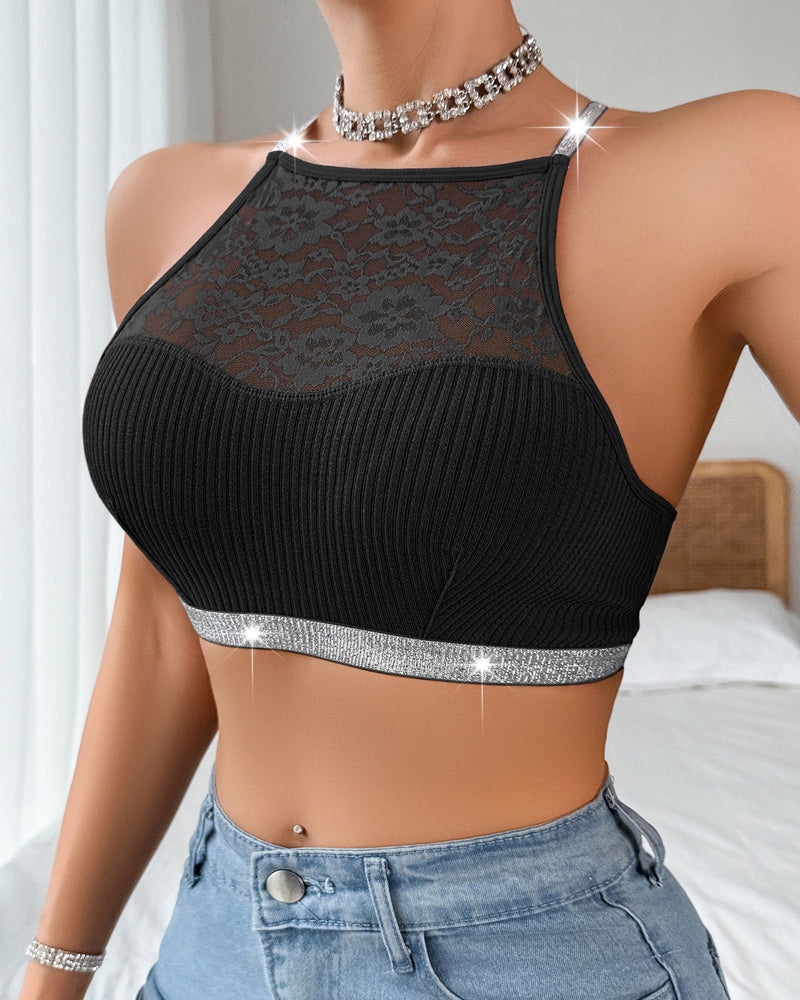 Halter Neck Silver Ribbon Lace Patchwork Backless Vest Bra