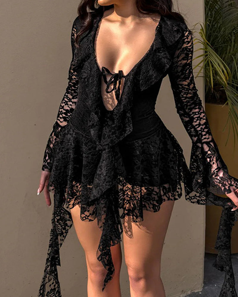 Sexy Lace Ribbon Tie-up Flared Long-sleeved Dress