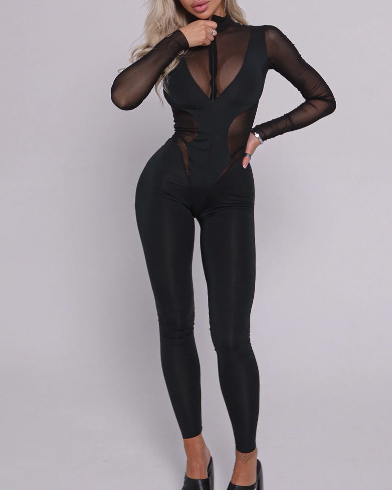 Sexy Mesh See-through Spliced Elastic Band Zipper Long-sleeved and Long-legged Fitness Bodysuit Main image