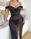 Sexy Off-the-shoulder Lace-trimmed High-slit See-through Mesh Long Lingerie Nightgown