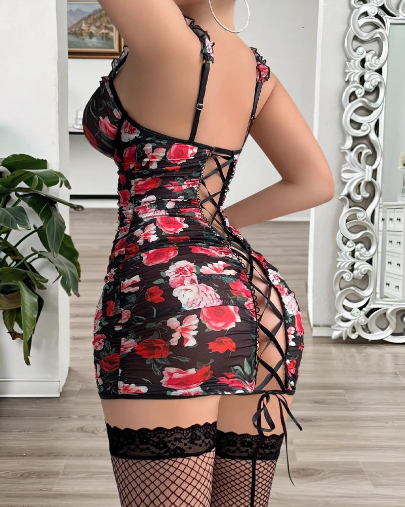 Sexy Floral Mesh See-Through Backless Suspender Nightdress Secondary image