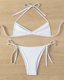 Sexy Solid Color Halter Neck Mini Pleated Beach Bikini