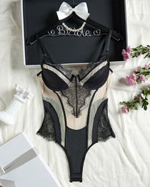 Sexy Mesh See-Through Lace Patchwork Colorblock Bodysuit