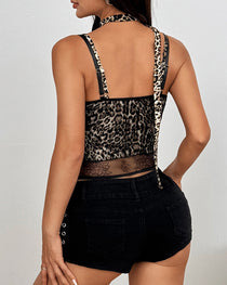 Sexy Leopard Lace Patchwork V-neck See-through Mesh Camisole Top