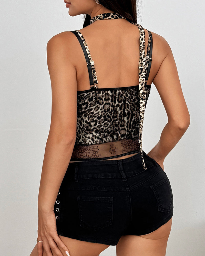 Sexy Leopard Lace Patchwork V-neck See-through Mesh Camisole Top