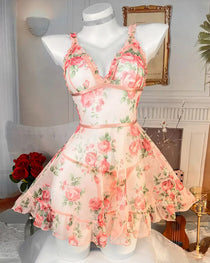 Deep V-neck Floral Print Sheer Mesh Ruffle Camisole Nightgown