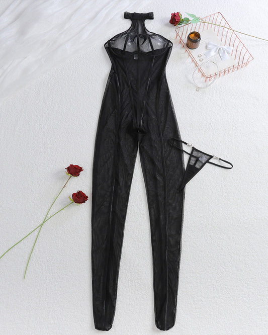 Vertical Striped See-Through Tulle Slim-Fitting Sexy Halterneck Jumpsuit