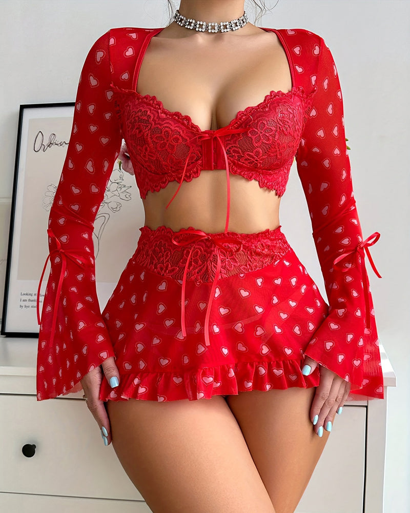 Sexy Heart-print Front-clasp Bra Long-sleeved Top and Skirt Lingerie Set Secondary image