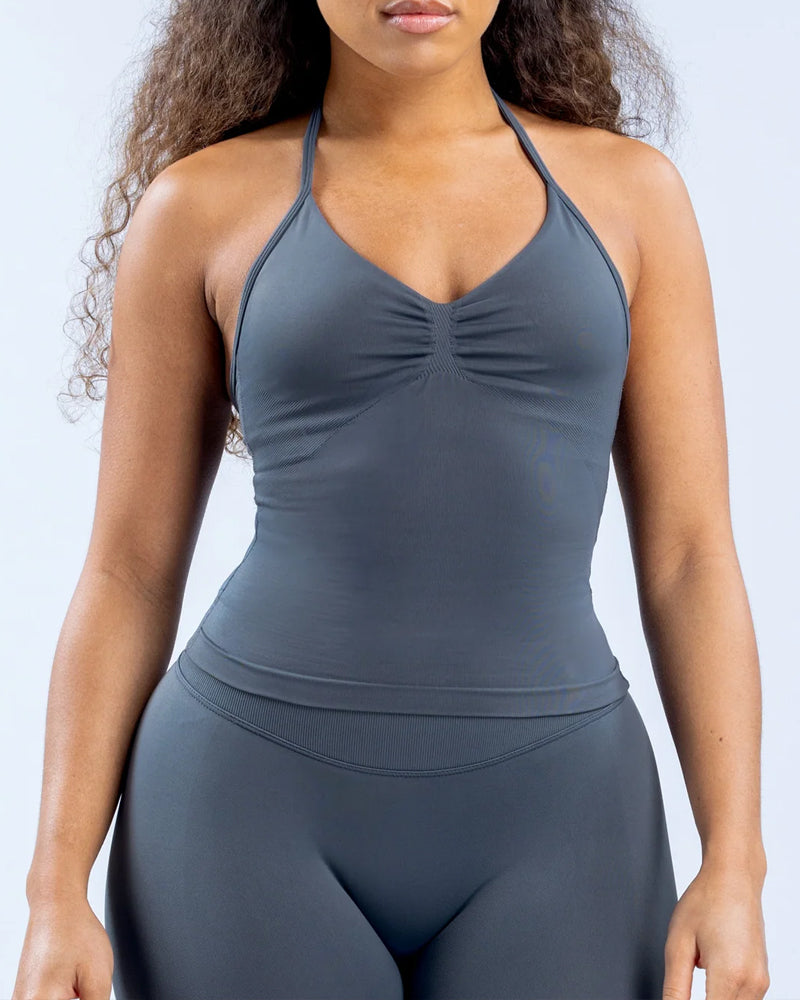 Solid Color Pleated Breathable Backless Top and High Waist Hip-Lifting Shorts Yoga Fitness Set Main image