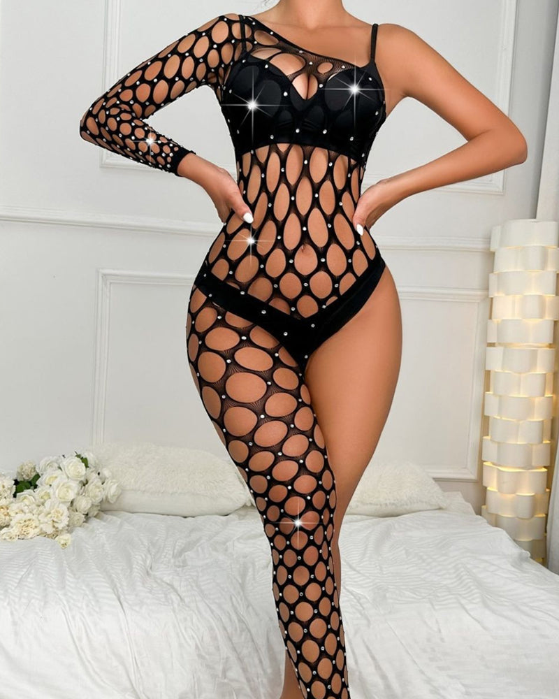 Sexy Sparkly Rhinestone Fishnet One-shoulder Cutout Bodysuit Main image