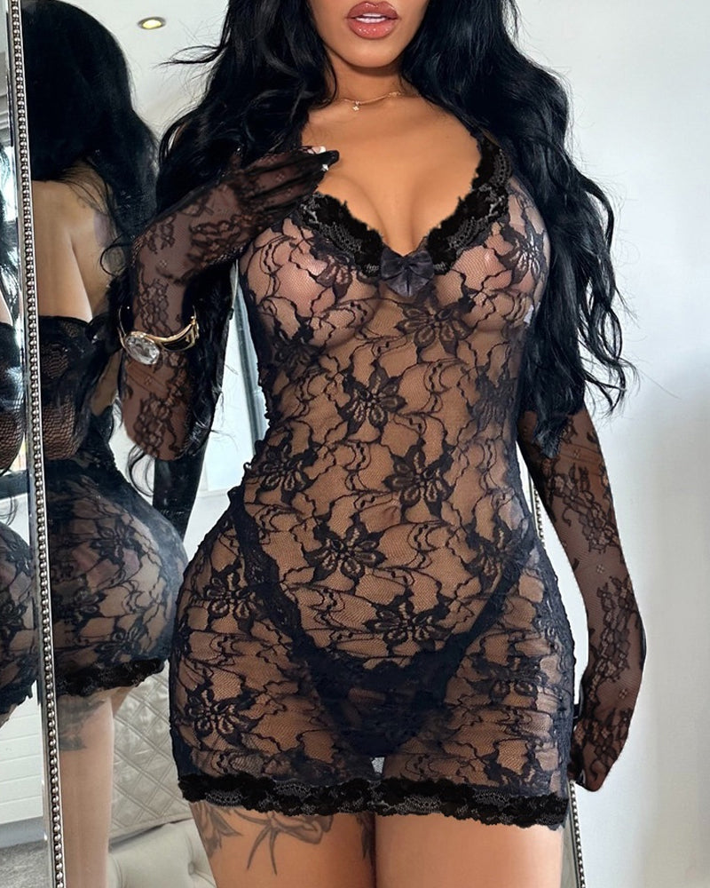 Deep V-neck Halter-neck Backless Floral Lace Sheer Bodycon Nightgown with Gloves Main image