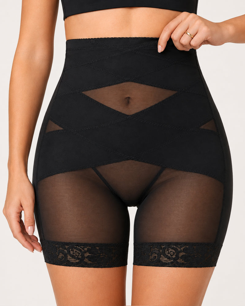 High Waist Tummy Control Sheer Mesh LaceTrim Shaping Shorts Main image