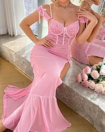 Sexy Off-the-shoulder Lace-trimmed High-slit See-through Mesh Long Lingerie Nightgown