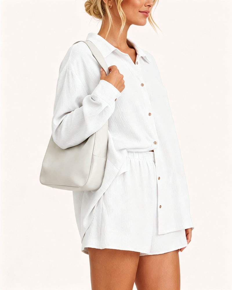 Casual Loose Long Sleeve Shirt and Shorts Set Secondary image