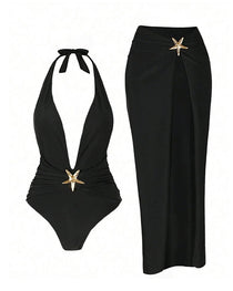 Sexy Deep V Halter Neck Swimsuit and High Slit Skirt Set