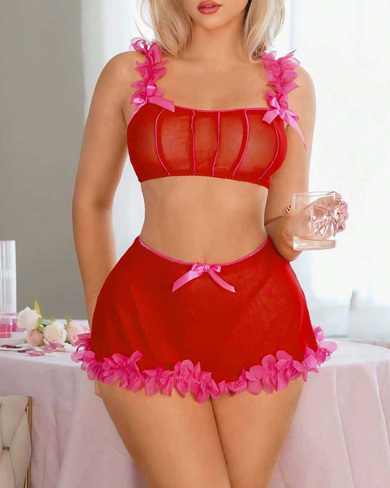 Valentine's Day Colorblock Veil Mesh Lingerie Set Main image