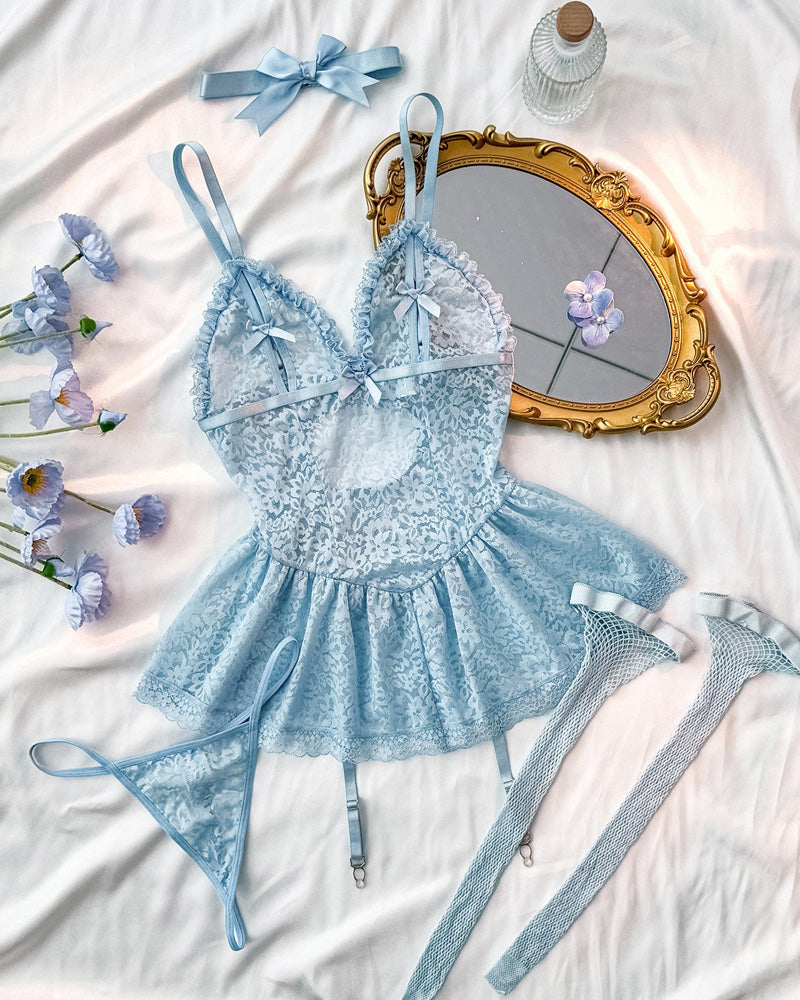 Sexy Deep V Lace Camisole Nightgown with Stockings Set